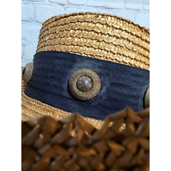 VTG Eric Javits Golden Straw Hat Sun Wide Brim Wide Band Brass And Stone Details - Picture 5 of 16